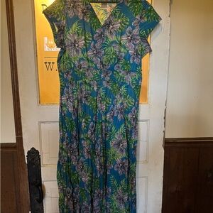 Blair Teal Blue Floral Maxi Dress with Green Leaves